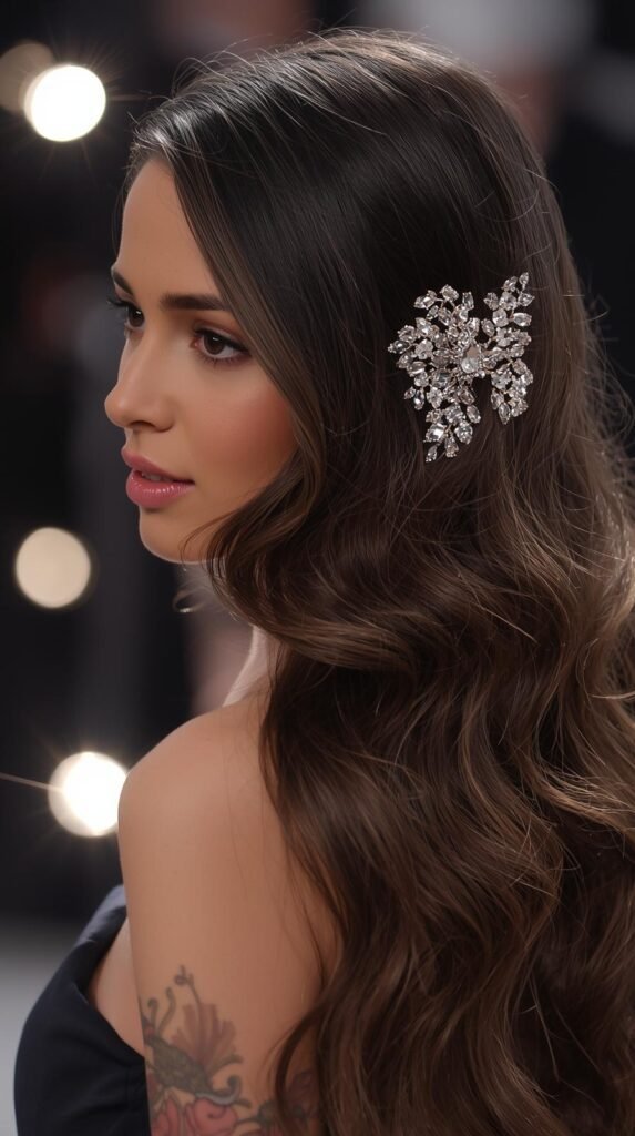 Sleek Voluminous Waves + Crystal Studded Barrettes