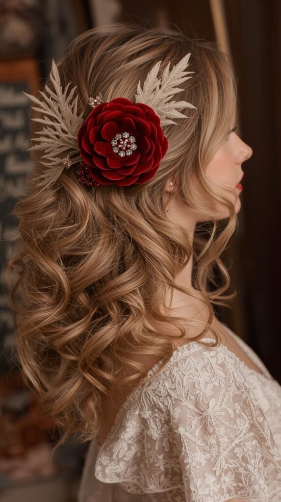Soft Curls + Red Velvet Flower Clip