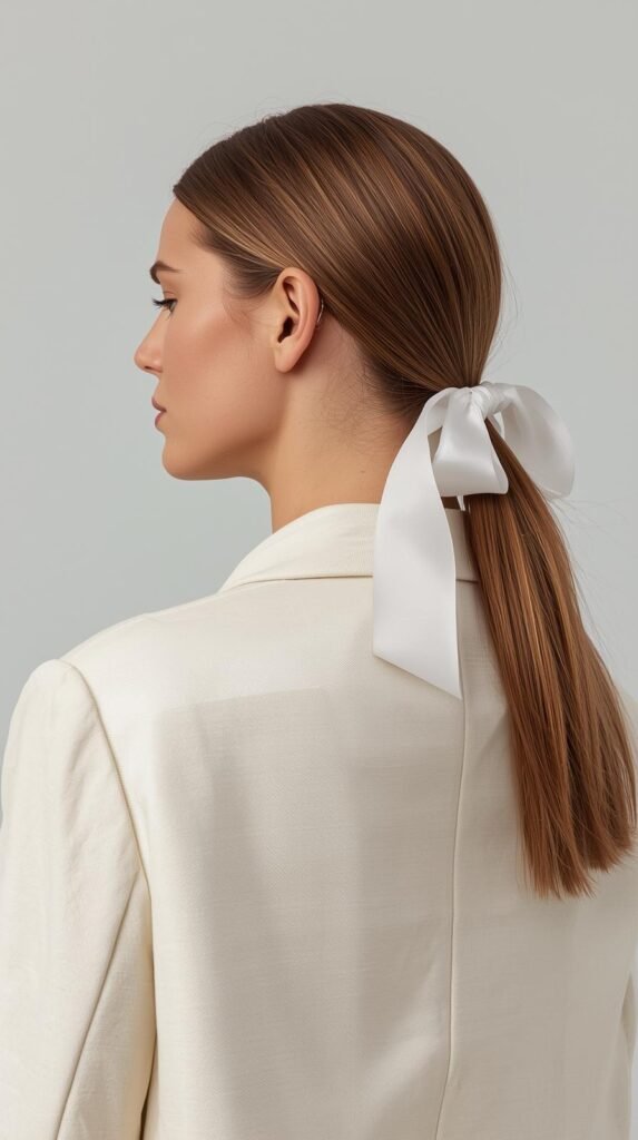 Low Ponytail with Layered Curls and Ribbon Bow