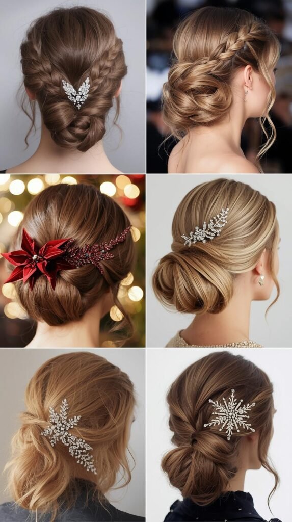 Trendy Christmas hairstyles collage (braids, buns, waves, accessories).
