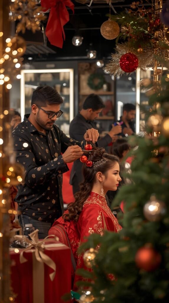 Salon Christmas competition with hairstylists and festive models.