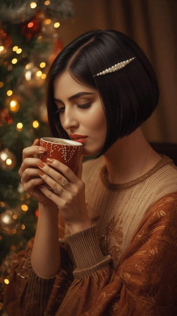 Woman with short bob and pearl clip sipping cocoa near a Christmas tree.