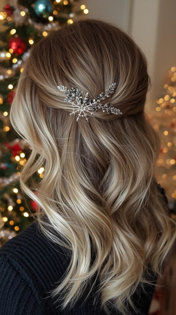 Mid-length soft waves with snowflake pins beside a decorated Christmas tree.