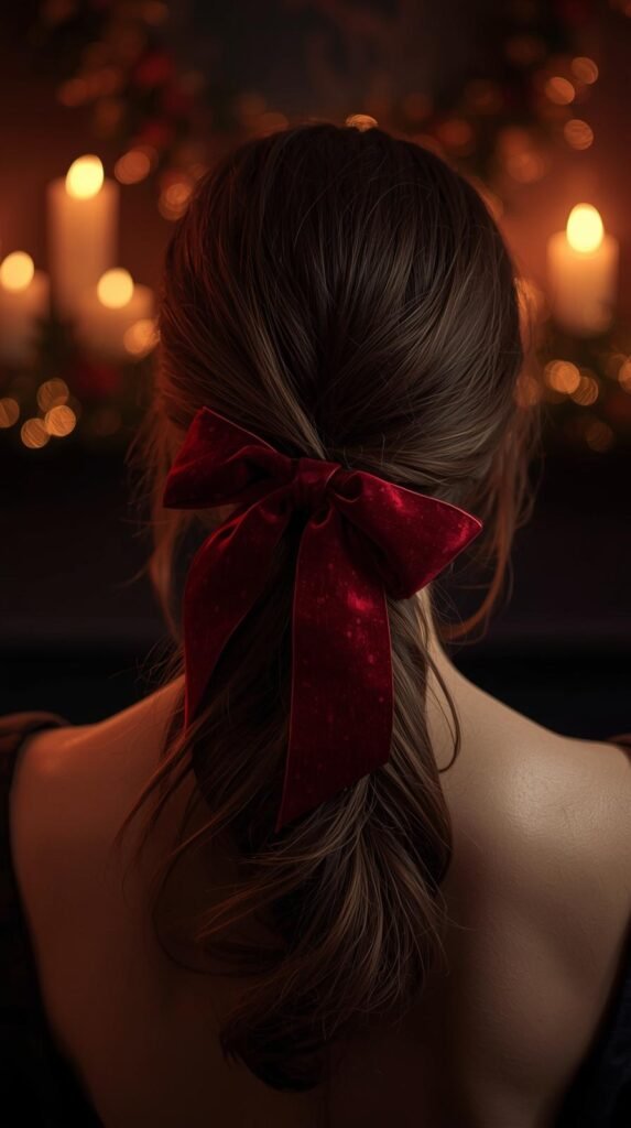 Elegant low ponytail with red velvet ribbon in a candle-lit Christmas night setting.