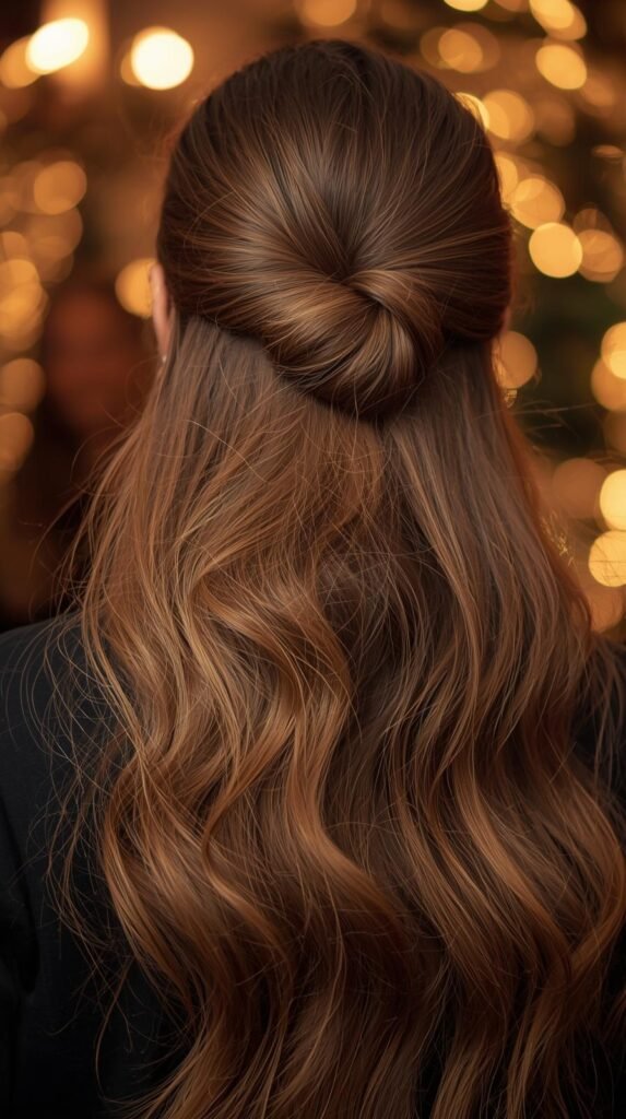 Twisted half-up bun on long hair with Christmas party lights in the background.