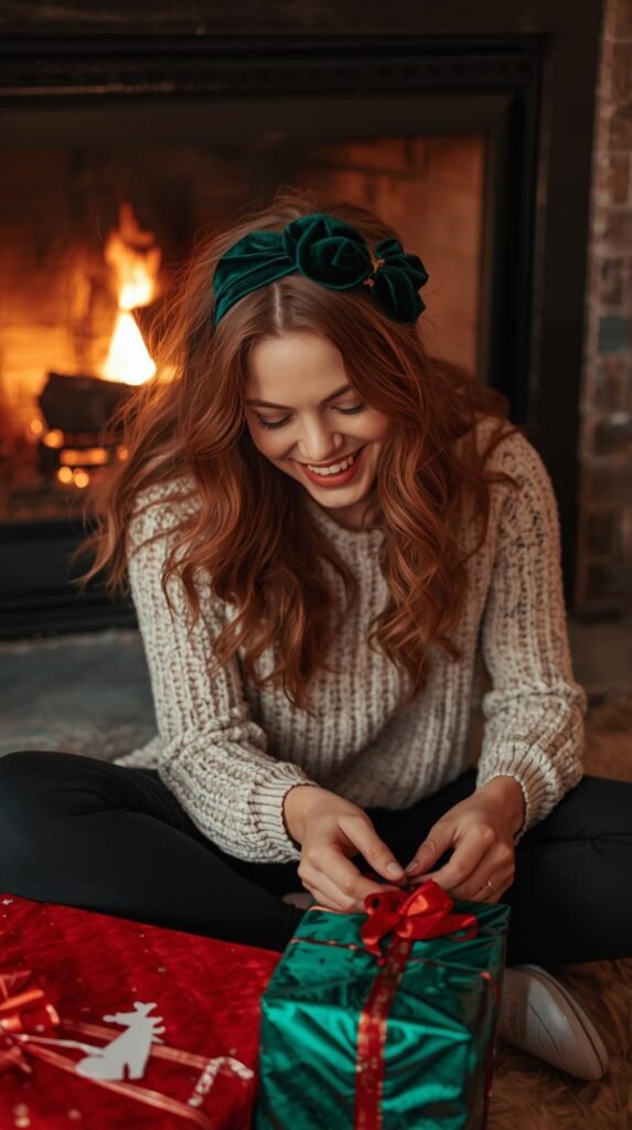 Woman with loose curls and velvet headband opening Christmas gifts by fireplace.