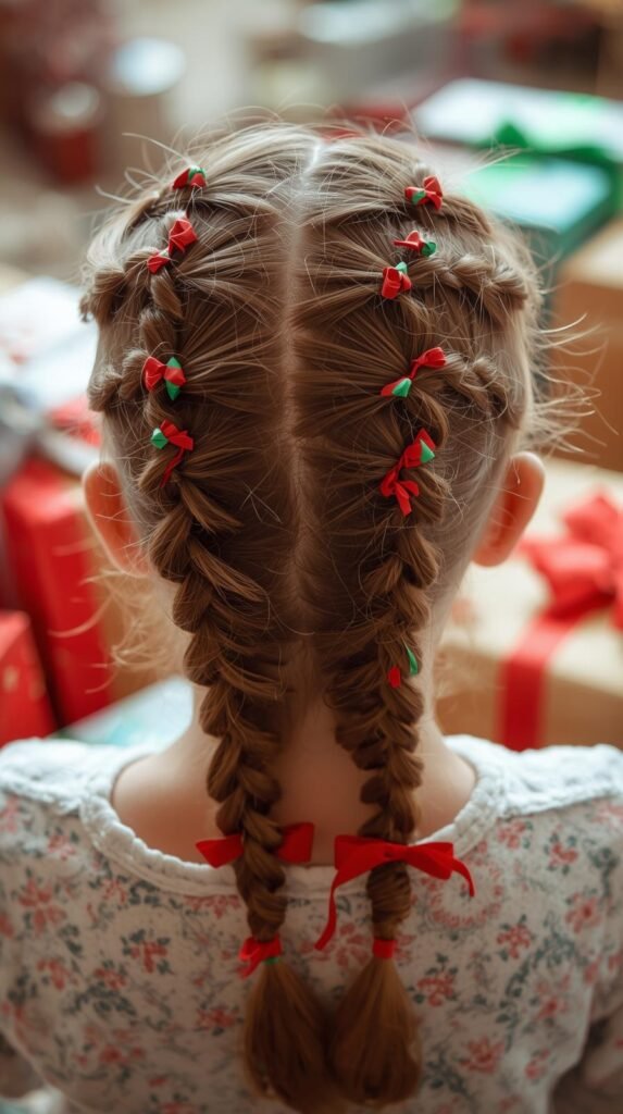 Child’s hair with red and green ribbon braids during Christmas morning gift opening.