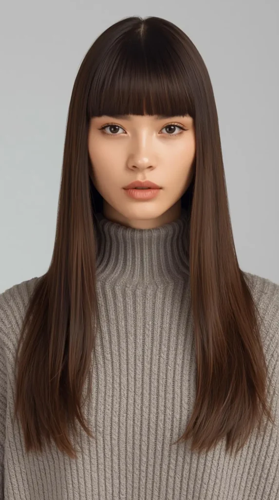Long Straight Hair with Eyebrow-Length Bangs